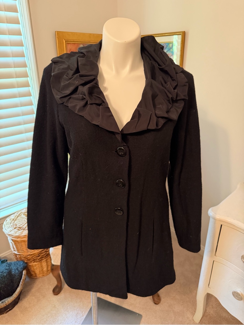 Vintage CAbi Black Wool with Rosette Ruffle Collar Blazer Jacket